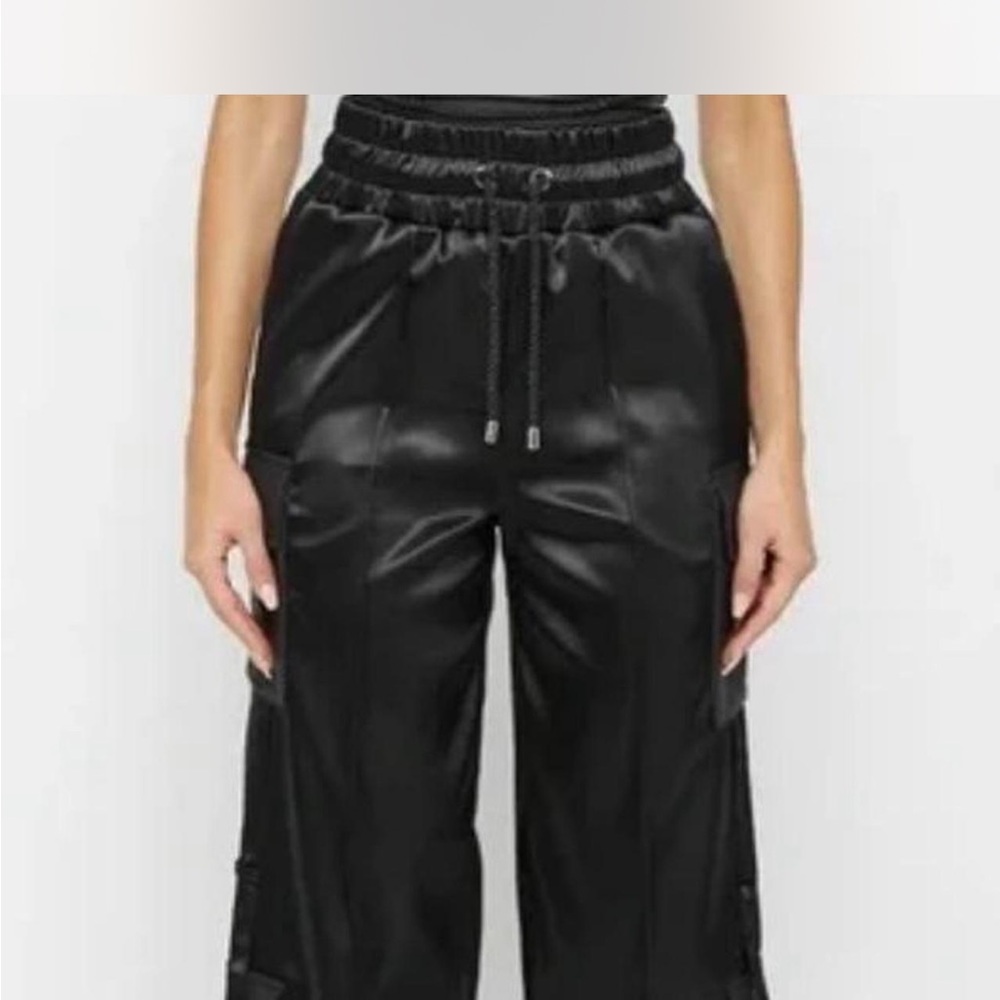 ♥️ Maniere De Voir Satin Vegan Leather Cargo Trousers 8 Black Baggy MDV Track
